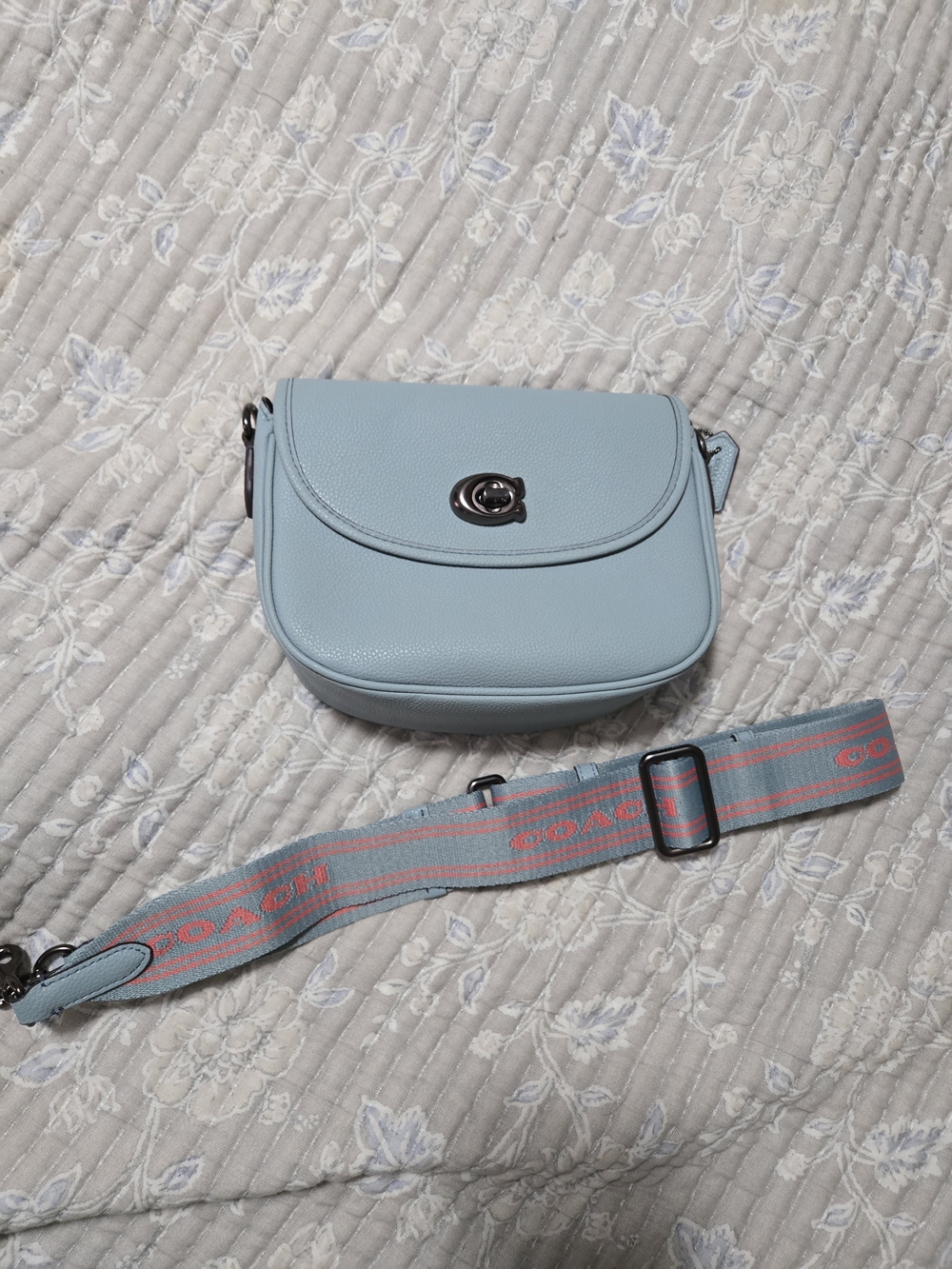 Coach Pebble Leather Saddle Bag in Light Blue with Signature Strap